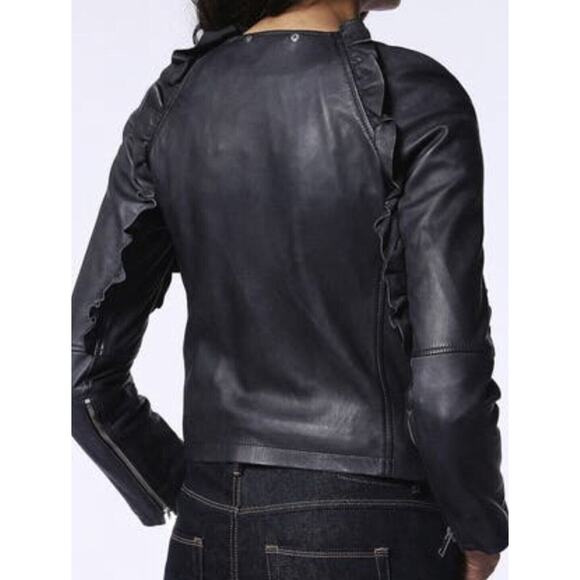 DIESEL Women's LEATHER JACKET Charcoal Gray L’HEZE Ruffle Detail NWT - Picture 9 of 10